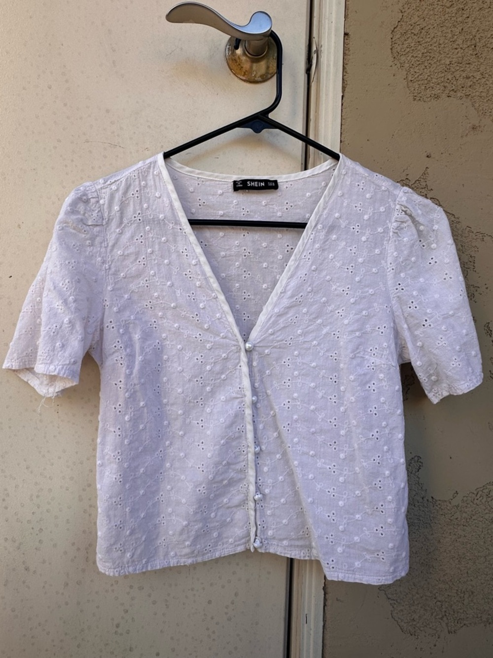 SHEIN White Eyelet V-Neck Button Front Blouse